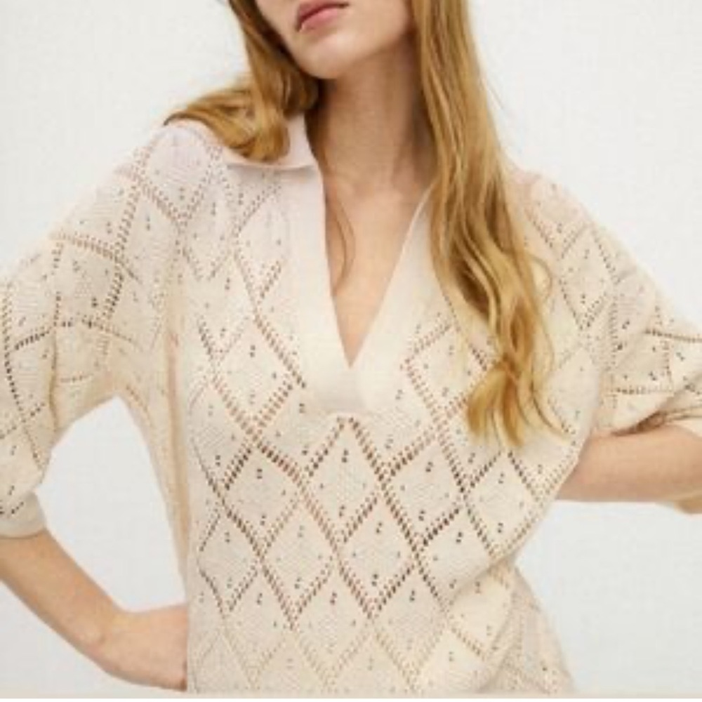 Massimo Dutti Cream Pointelle V-Neck Top - Size S - BNWT